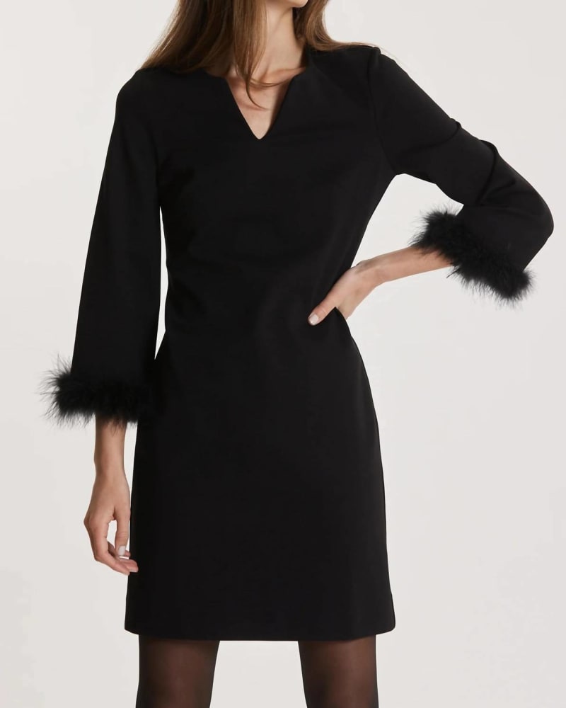Front of a model wearing a size 12 Chelsea Ponte Feather Dress In Black in Black by Tyler Boe. | dia_product_style_image_id:344701